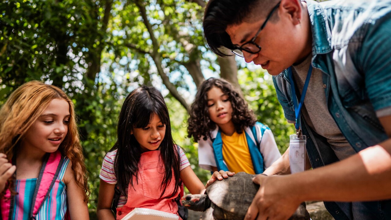 Kids holding a turtle.